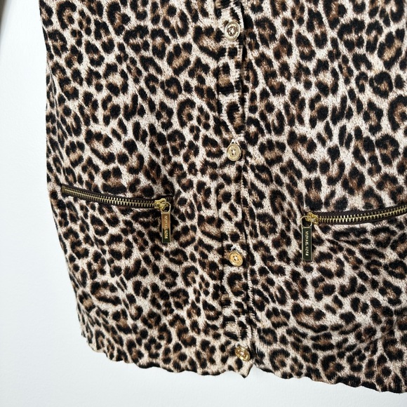 Michael Kors Leopard Print Button Up V-Neck Cardigan with Gold Zipper Pockets - Picture 7 of 13